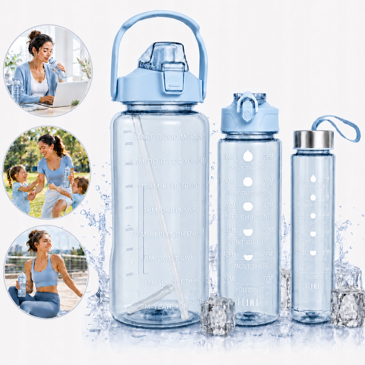 Butelka Na Wodę 3x Zestaw 2L 900ml 300ml Bidon Motywacyjny Słomka Siłownia