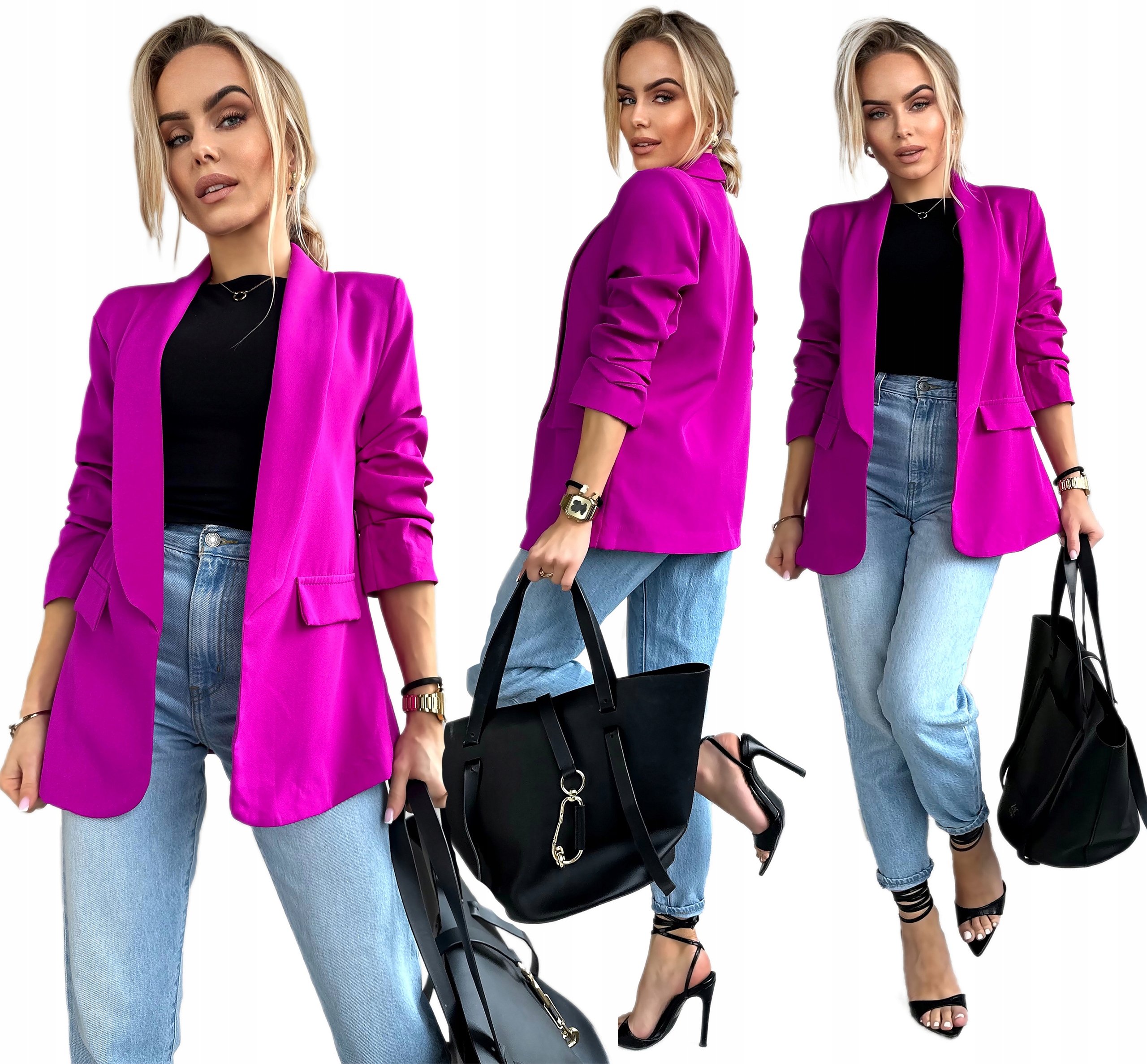 Fuksja Marynarka Damska Żakiet drapowane rękawy podszewka XL