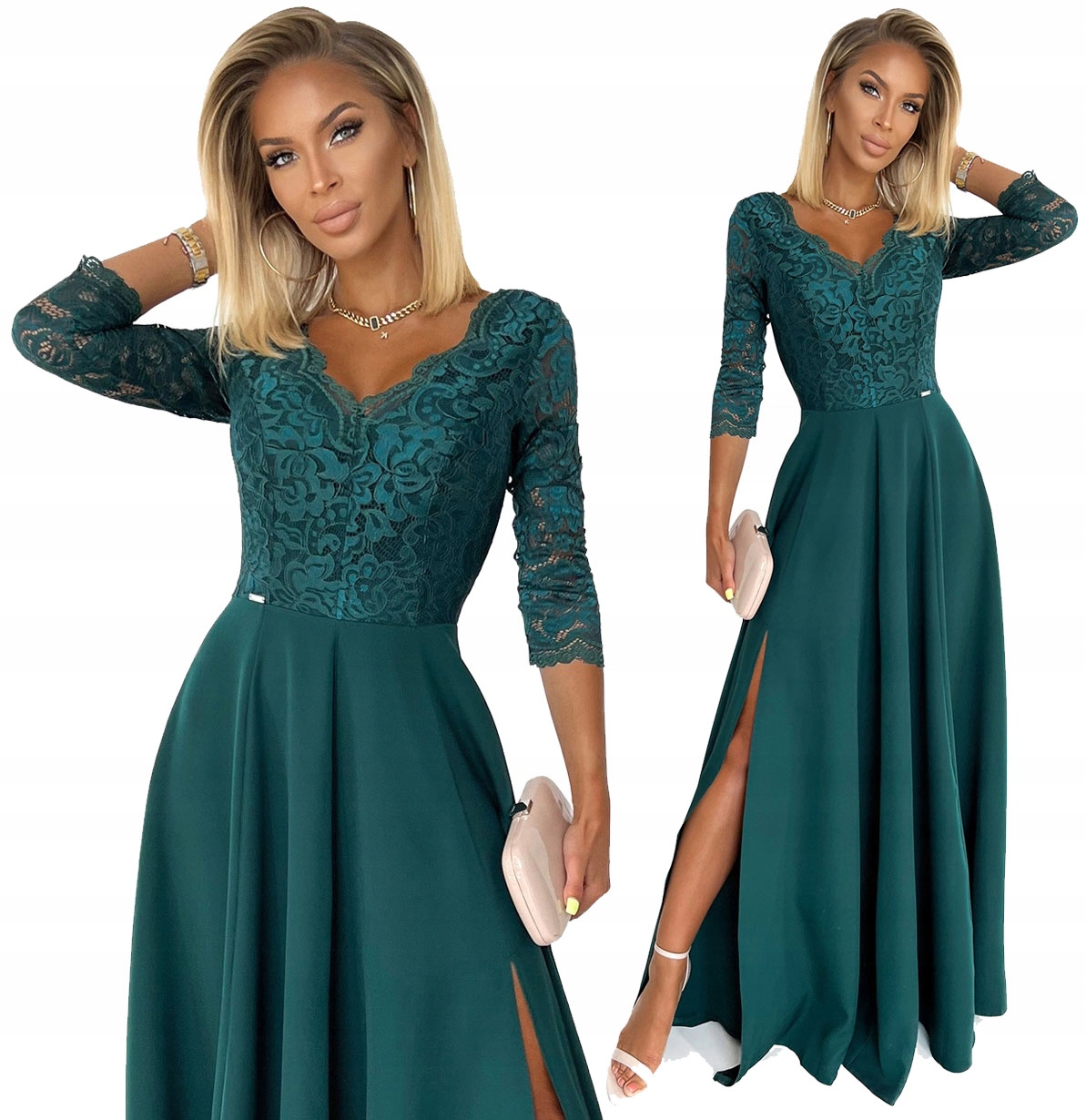 Krásná Dlouhá Šaty S Krajkovým Výstřihem, Večerní Lahvově Zelená Barva XL