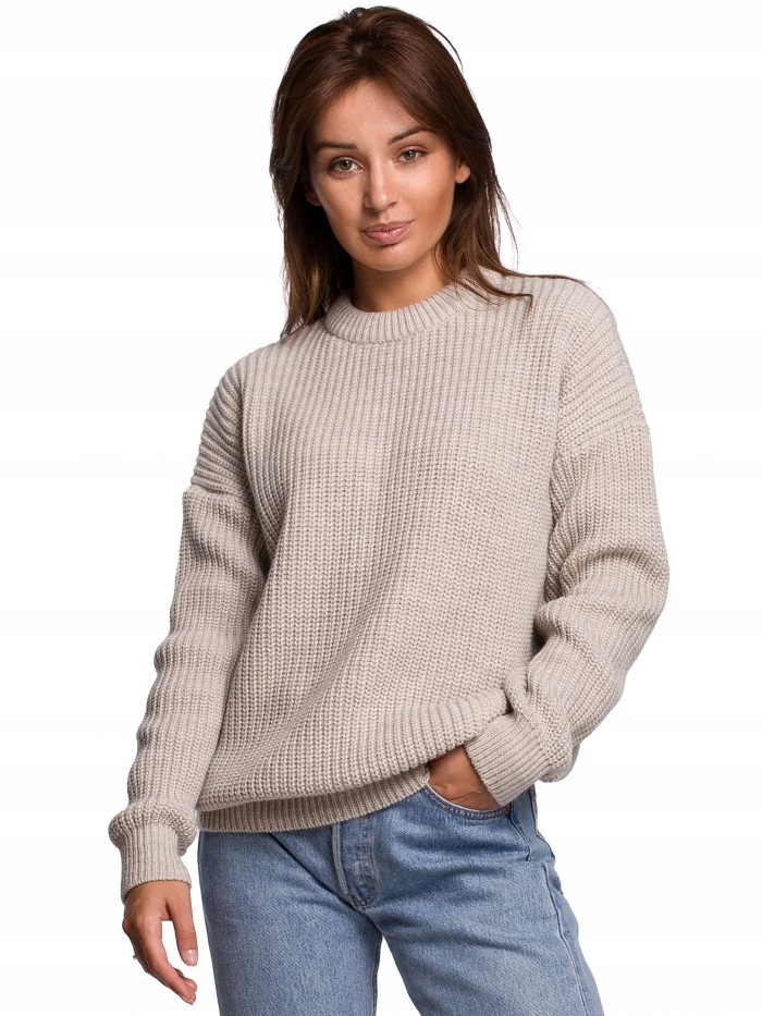 

Eu L/XL BK052 Długi sweter w prążek - beżowy Eu L/