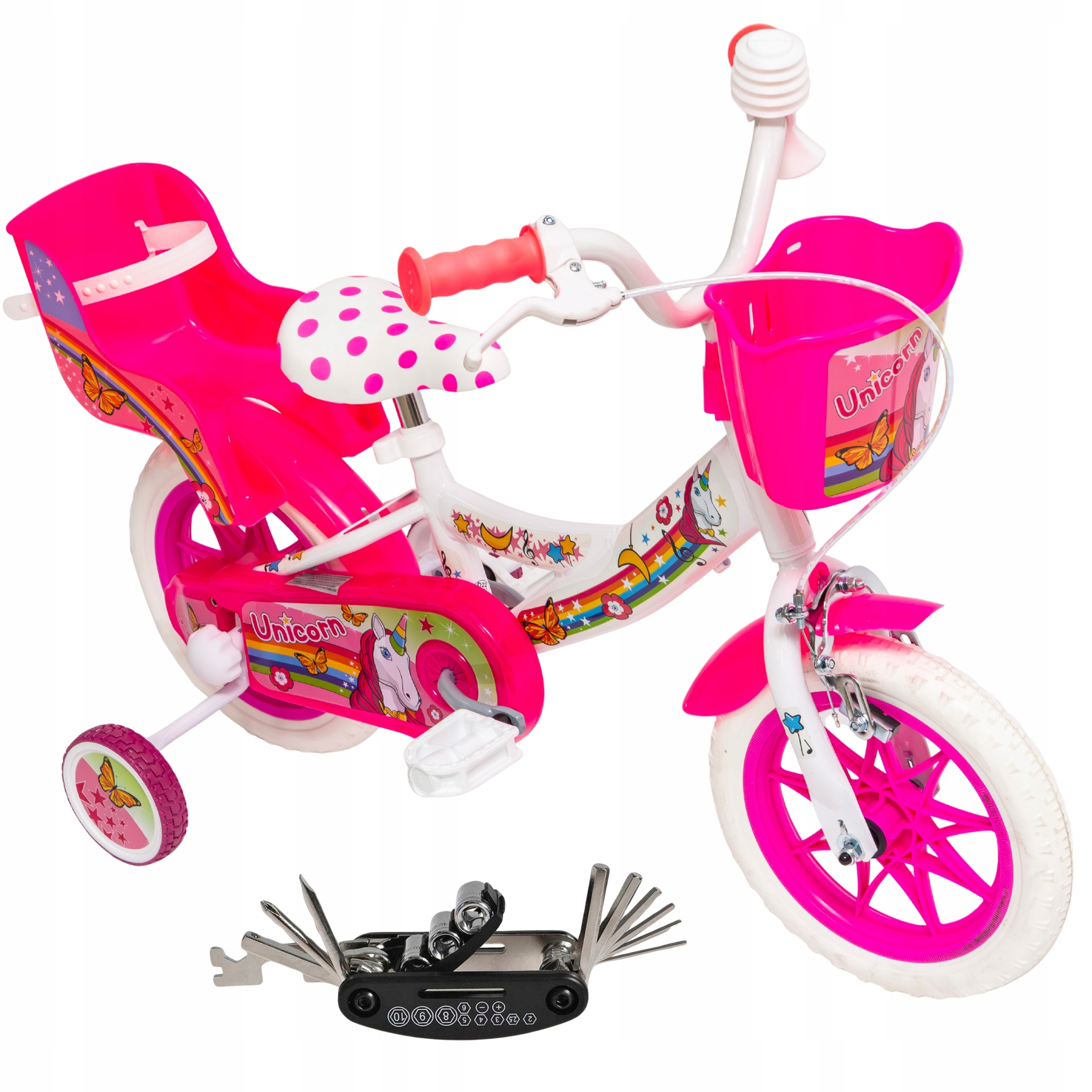 Rower Dziewczęcy Dziecięcy Koła 12" Koszyk Kółka Boczne Bagażnik na Lalki