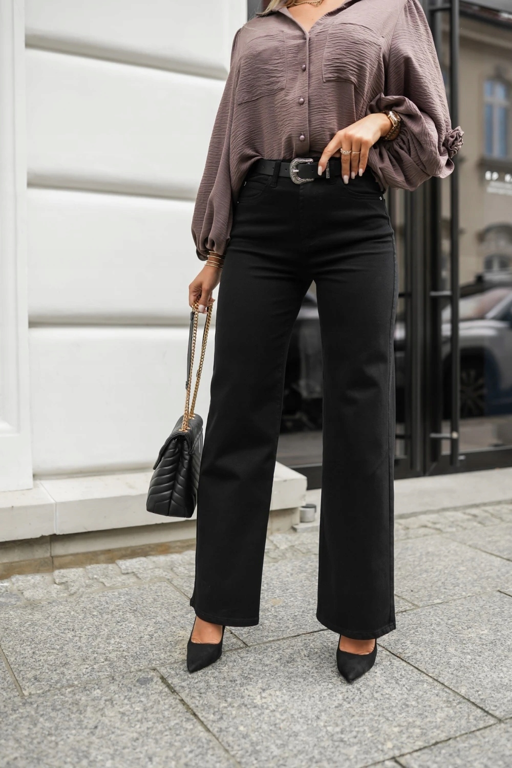 M.Sara Dámské kalhoty Zvony Jeans Black Široká Nohavice Zateplené
