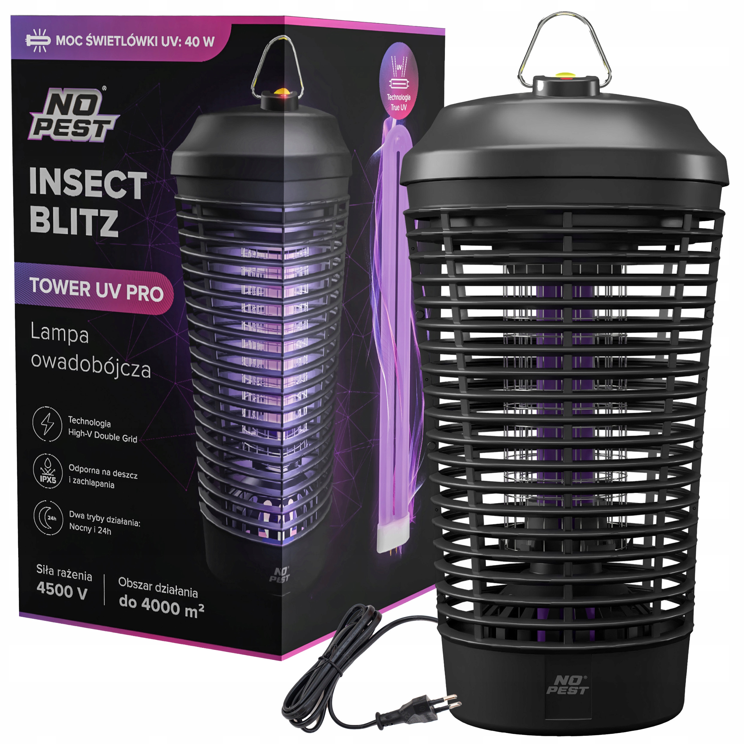 Lampa Owadobójcza Uv Na Komary Muchy Ćmy 4500V 40W Lampion No Pest Duża XXL