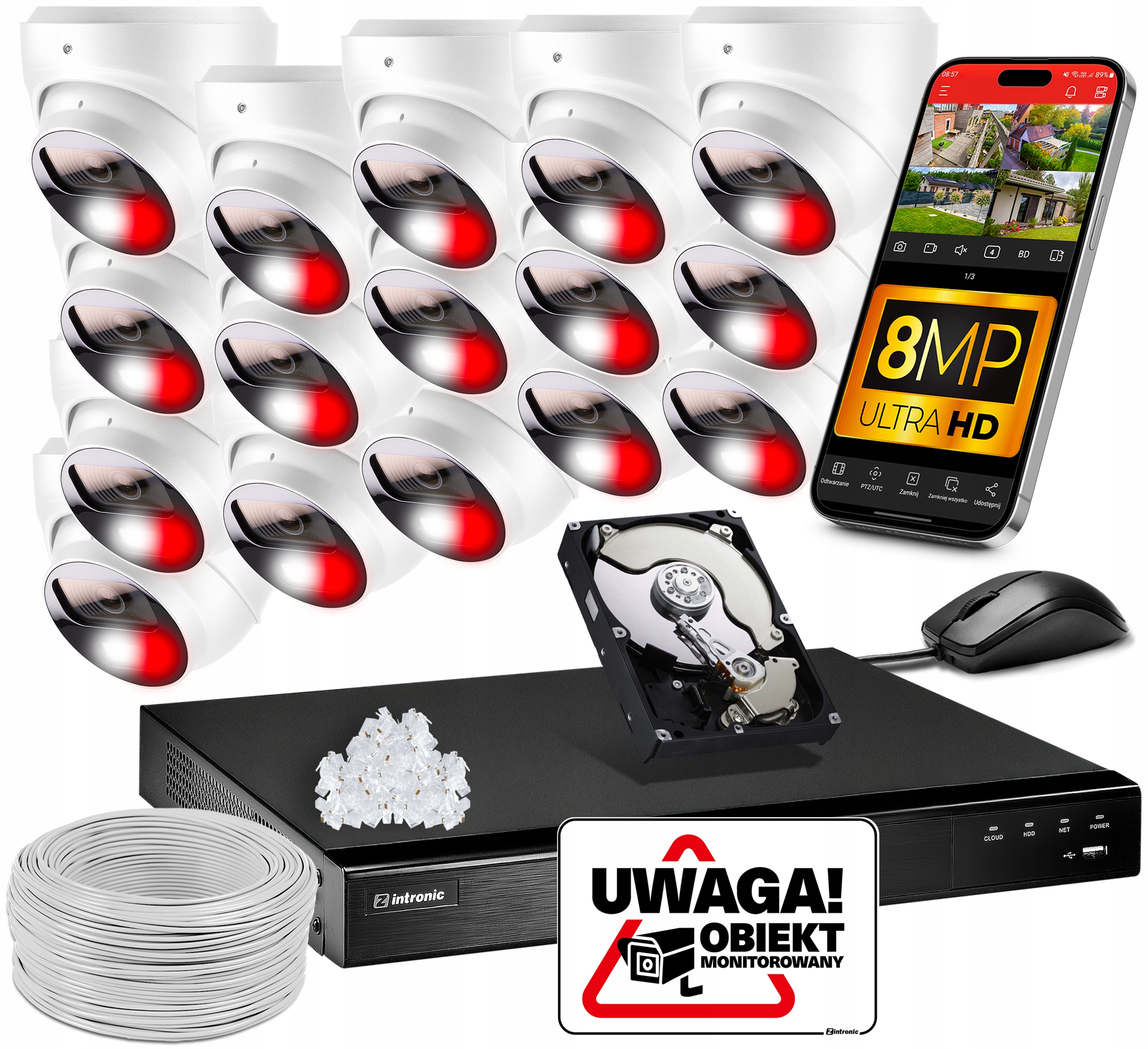 Sada Ip PoE Monitorování 16 Kamer 5MPx Bílé Audio Detekce 1TB