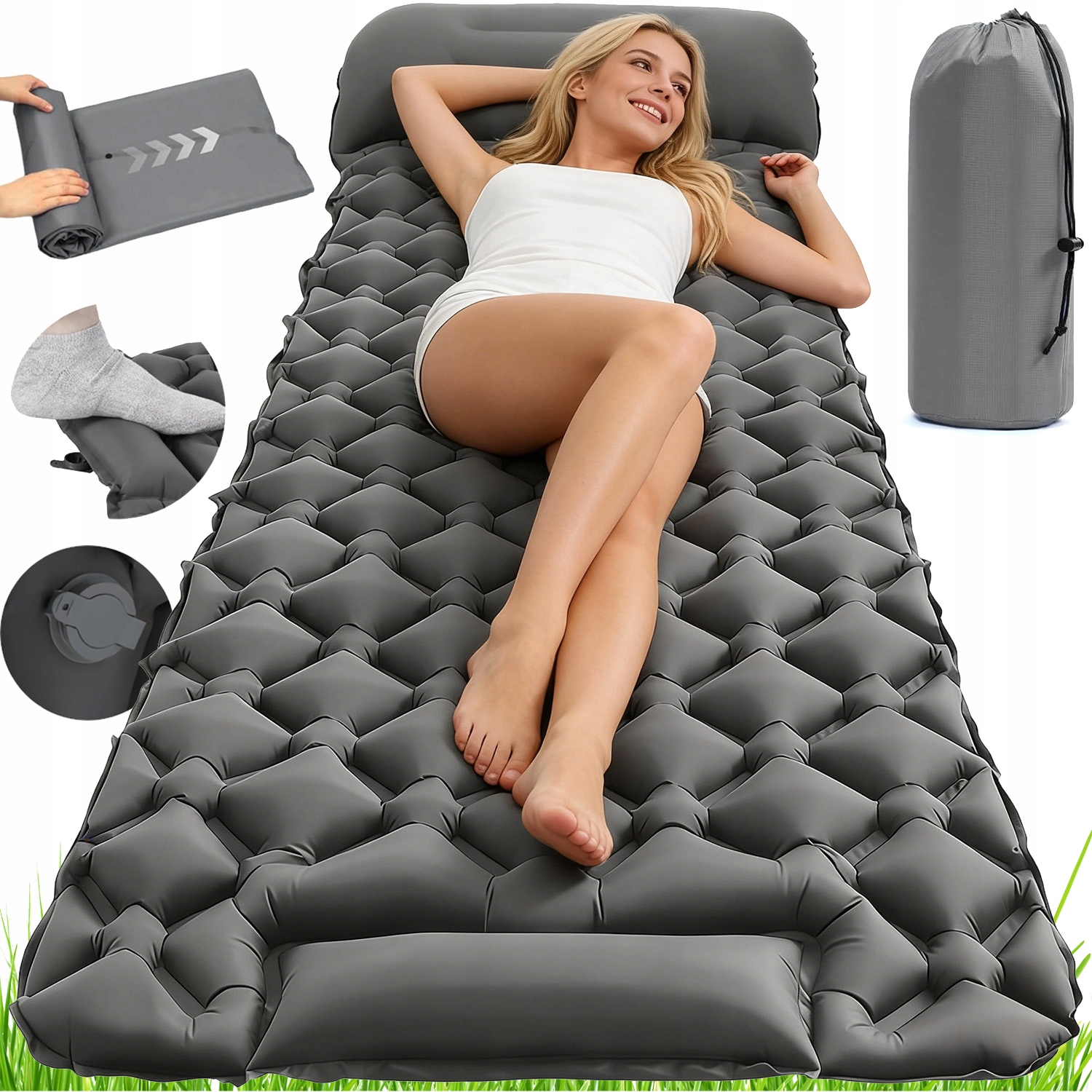 Materac Dmuchany Turystyczny Mata 195cm Z Poduszką Pompa Nożna Ergonomiczny