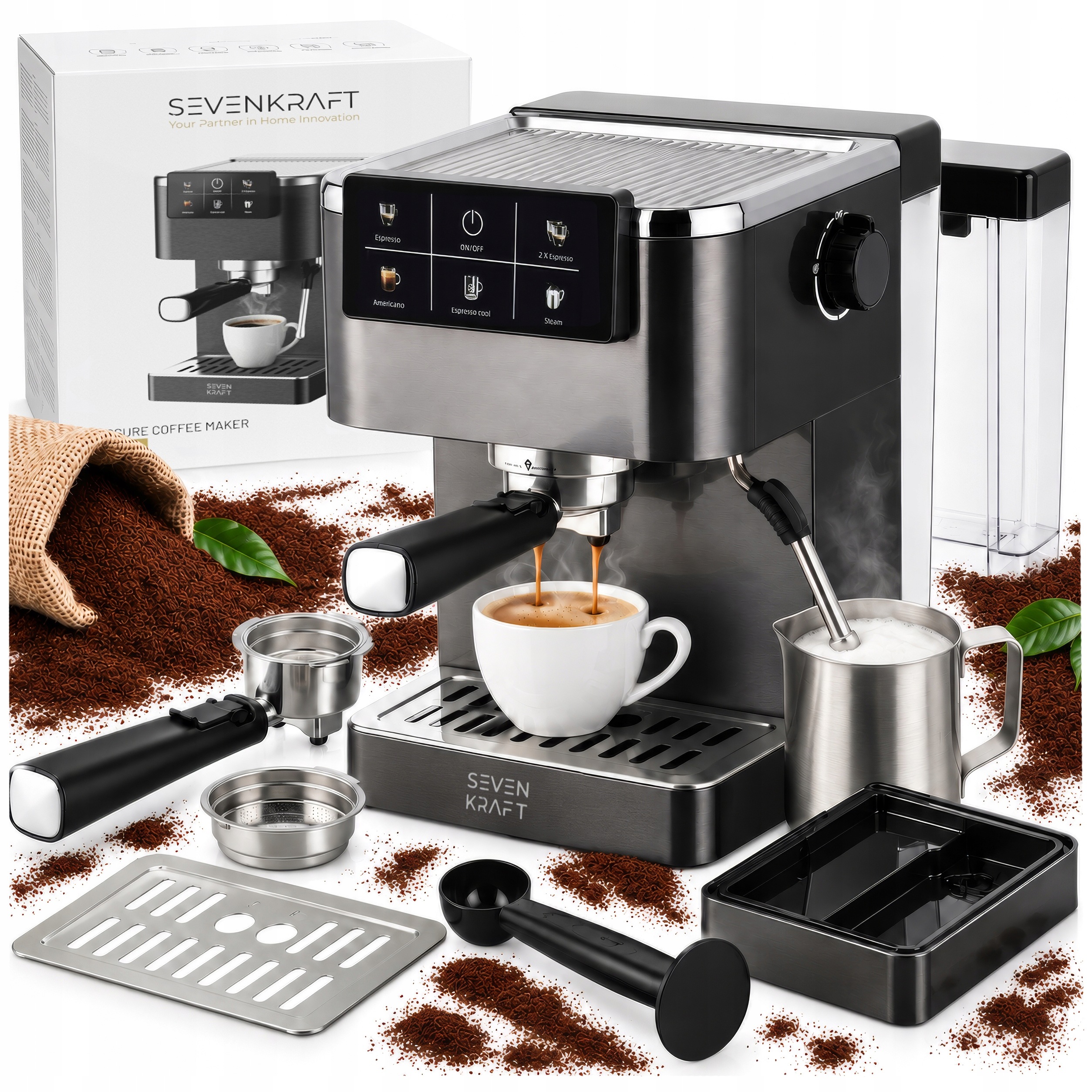 Pákový kávovar 20 bar 1350 W Pid LCD napěňovač Sevenkraft Sk 4394