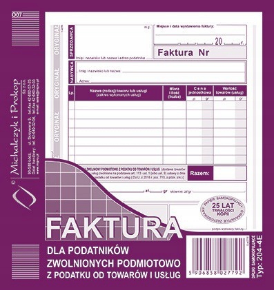 

Druk Faktura Vat 204-4E 2/3 A5 Dla Zwolnionych