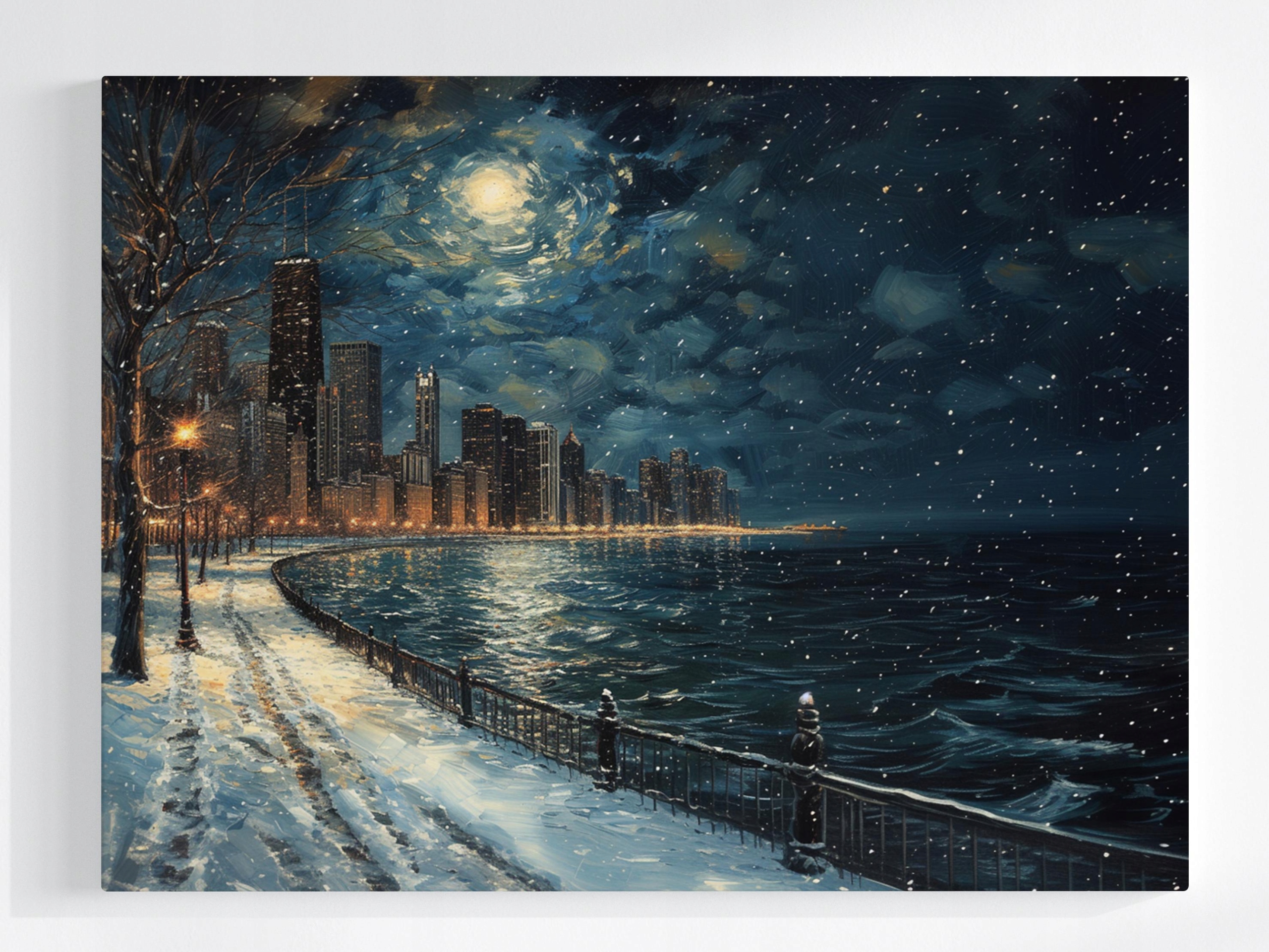 Obraz Na Plátně Canvas Noc Panorama Chicago Zima Sníh Hvězdy 100x75