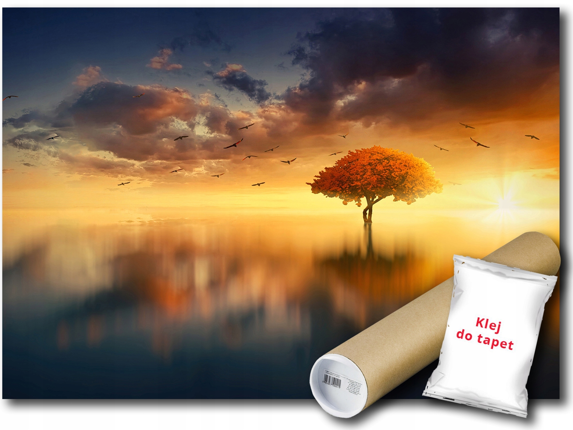 Vinylová Fototapeta Krajina Pohled Voda Západ Slunce Strom Ptáci 208x146