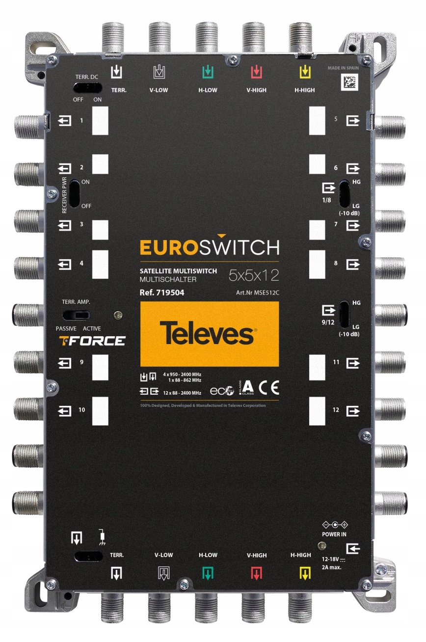 MultiSwitch 5/12 Wyjść Televes 714504 EuroSwitch TV SAT 12V do Anten DVB-T2