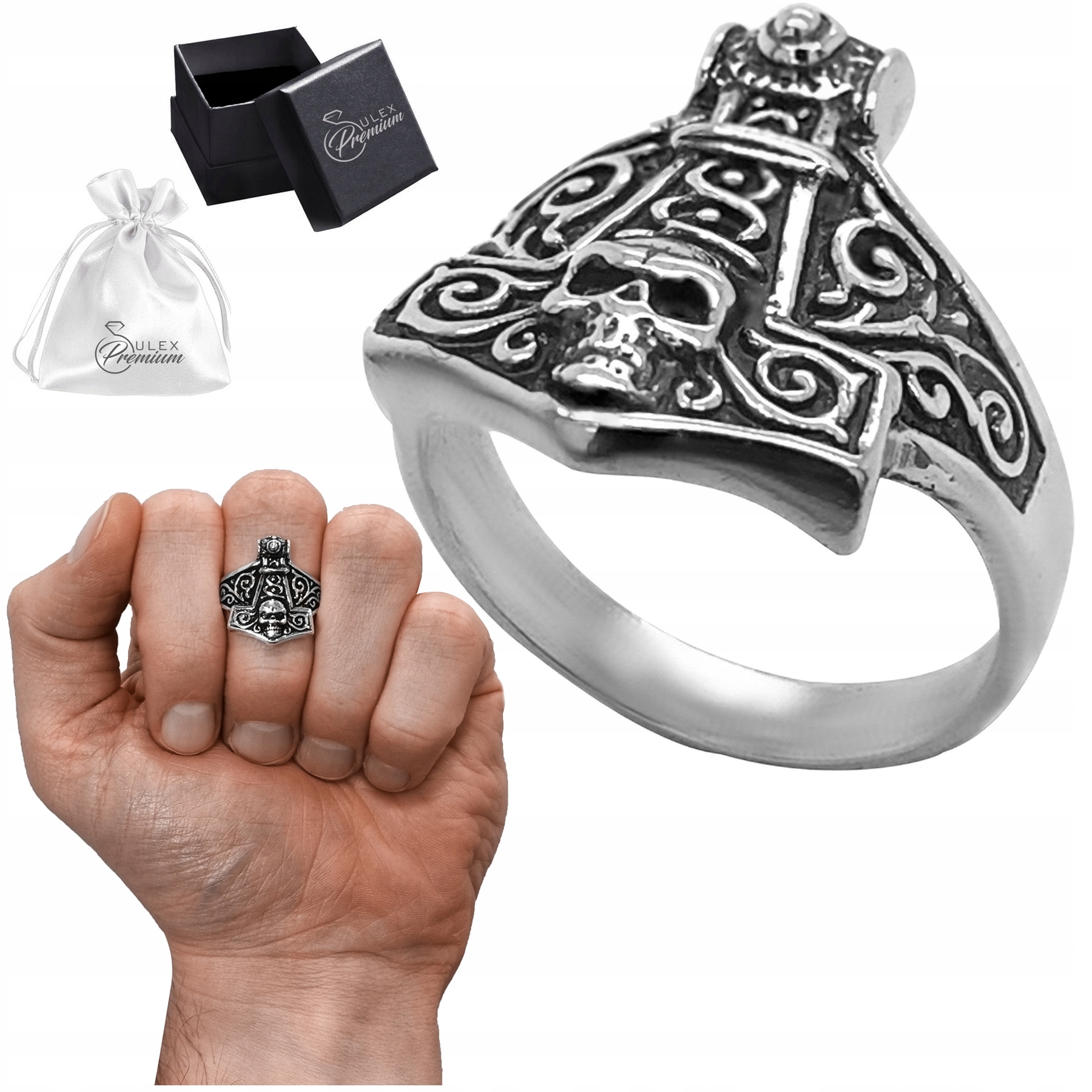 Stříbrný signet Kladivo Thora Lebka Stříbro pr 925 Velký pánský prsten vel.