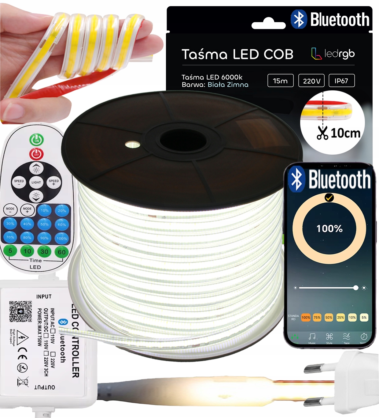 Sada Led Pásků Cob 15 m 230 V Bílá Studená 6000 K Řezaná Každých 10 CM Bluetooth