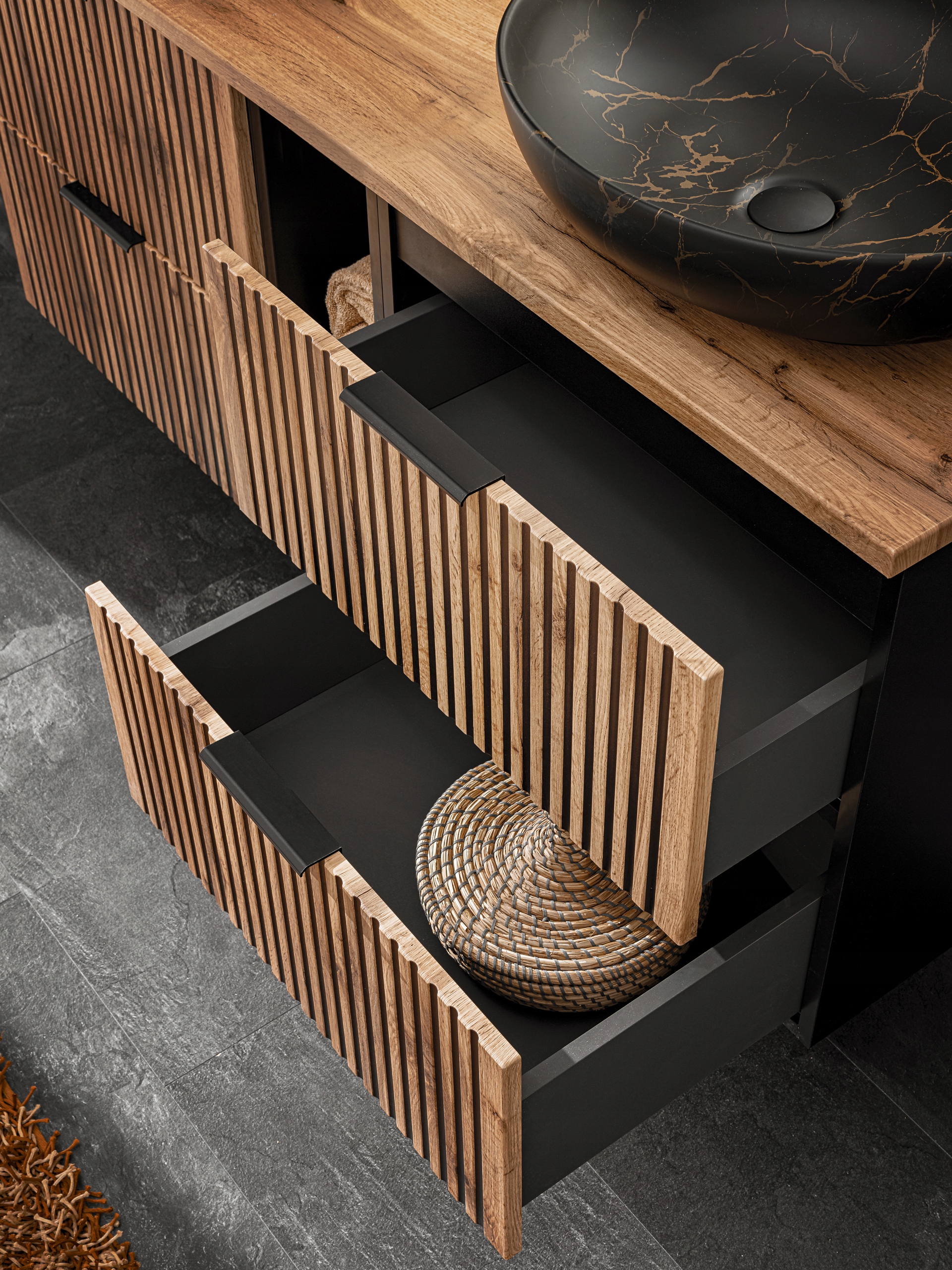 WISZĄCA Szafka do Łazienki CZARNA 80 cm Blat RYFLE Drzwi brak