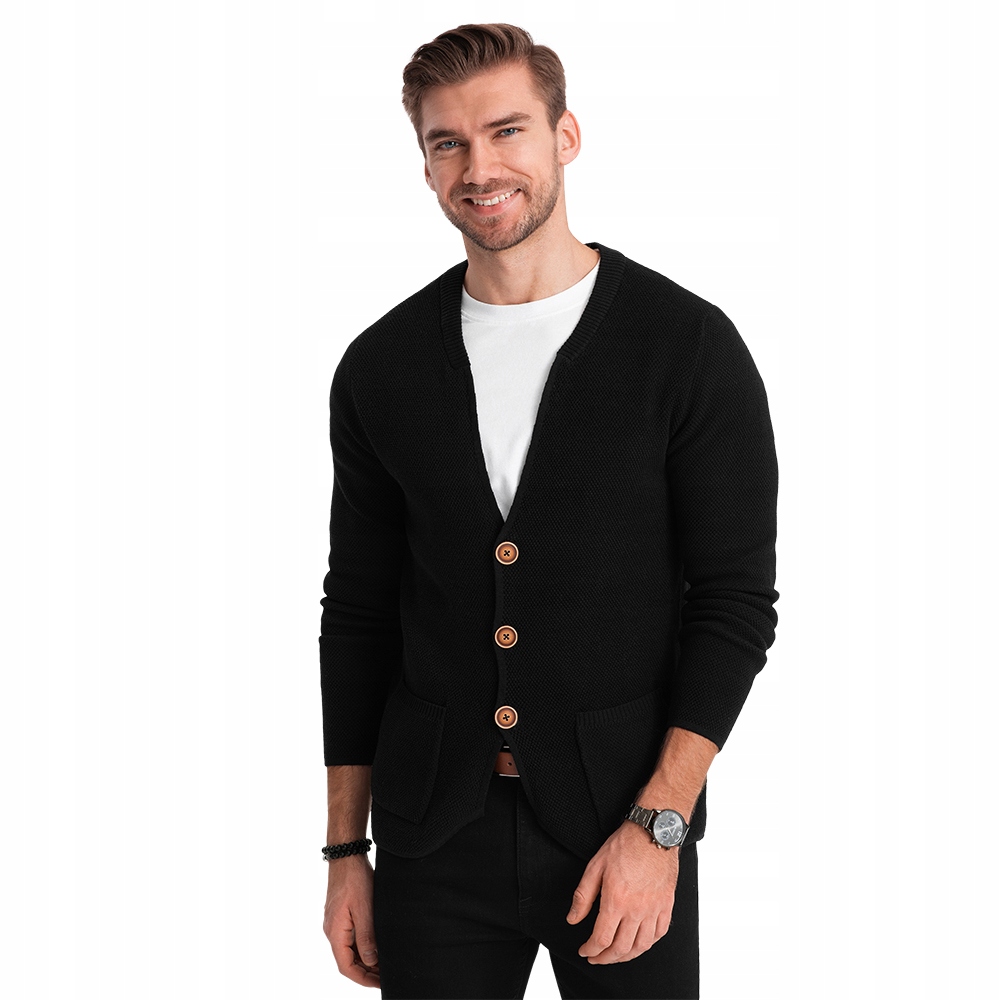 Pánsky štruktúrovaný sveter kardigan s vreckami čierny V1 OM-SWCD-0109 M