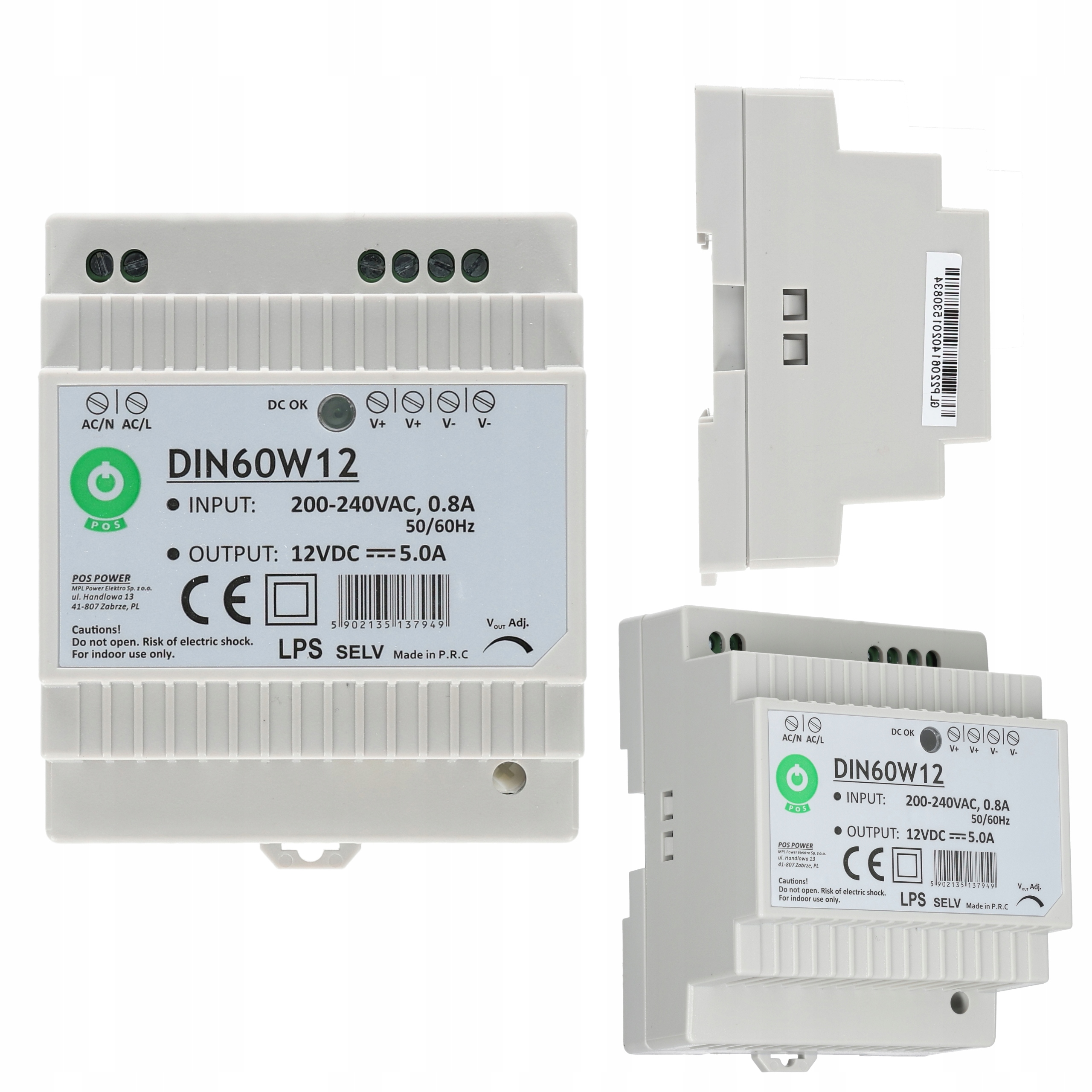 Zasilacz taśm LED na szynę DIN TH35 5A 60W 12V