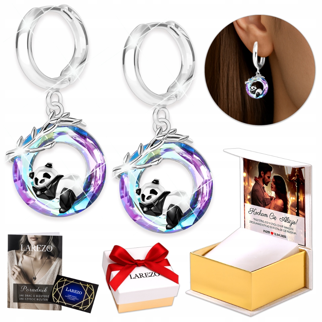 Stříbrné Náušnice 925 Fialové Křišťálové Pandy Barevné Kolečka Medvídek Panda