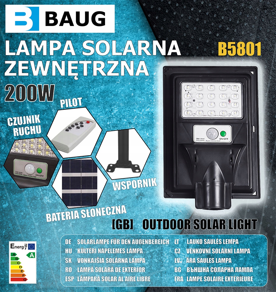 LAMPA SOLARNA Z CZUJNIKIEM RUCHU ZMIERZCHU LED ZEWNĘTRZNA OGRODOWA + PILOT Moc lampy 200 W