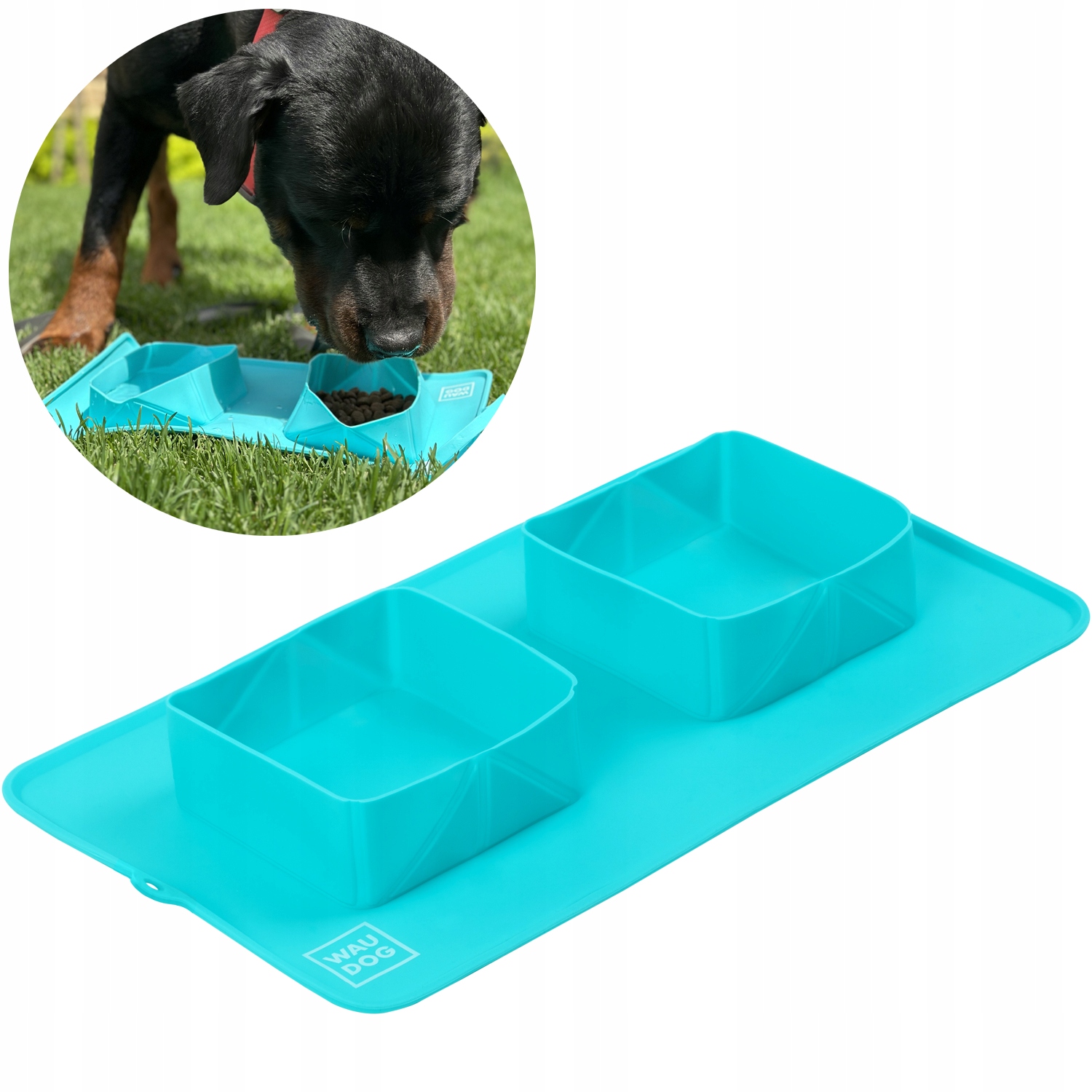 Silikonová skládací miska pro psa na cesty 38,5x23x5 cm, modrá