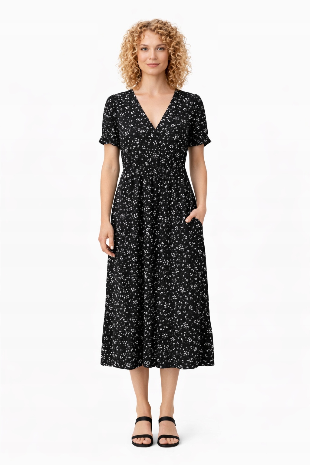 Černé Šaty MIDI Šaty S Volánky A 3/4 Rukávem S/m I4A