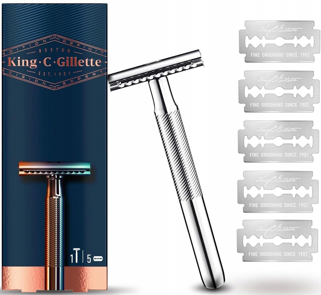 Gillette King Holicí Strojek (klasický Bezpečnostní Holicí Strojek S Dvojitým Ostřím) Žiletky 5 Ks