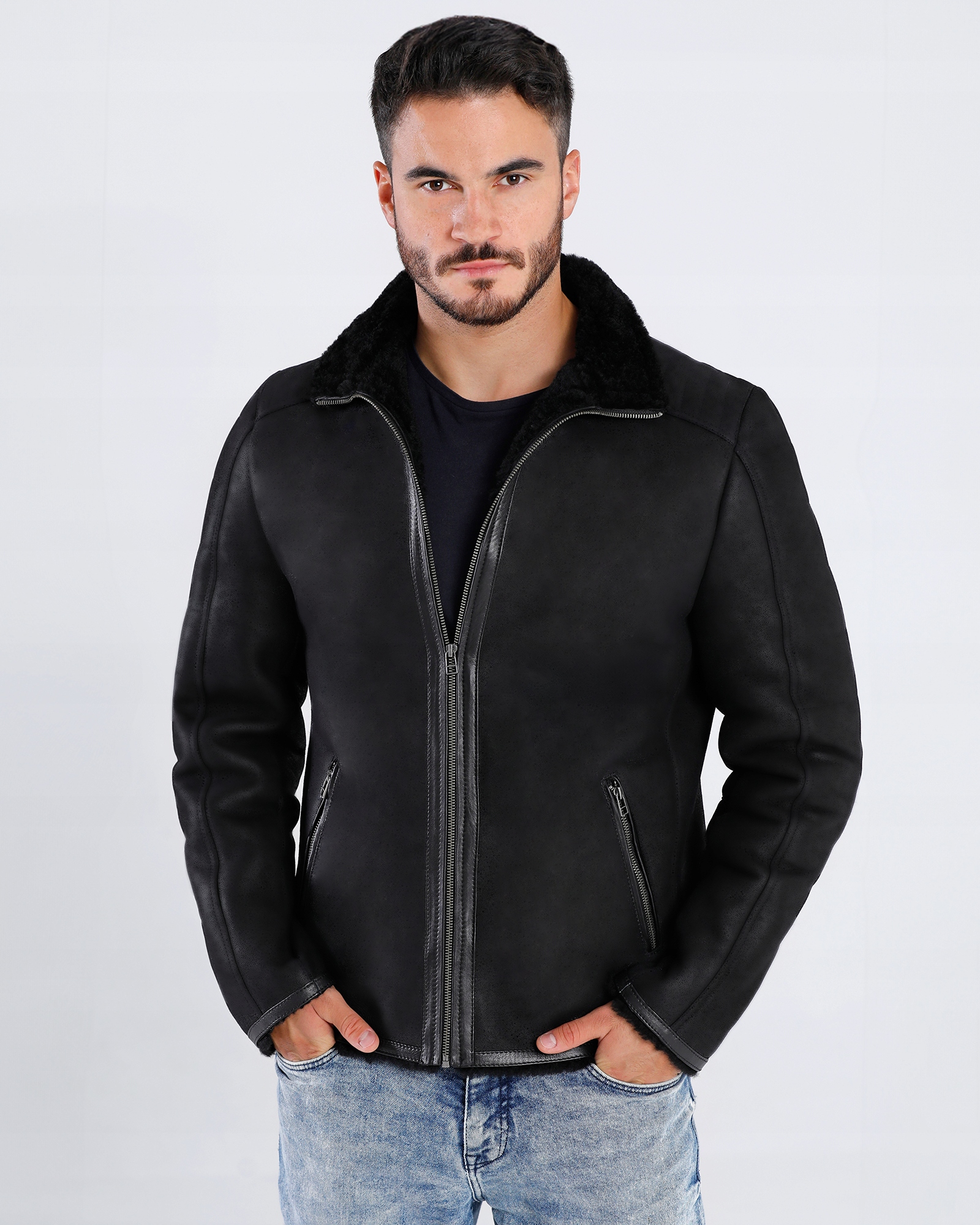 Kožený Pánský Kožich Agustin Černý Matný XXL