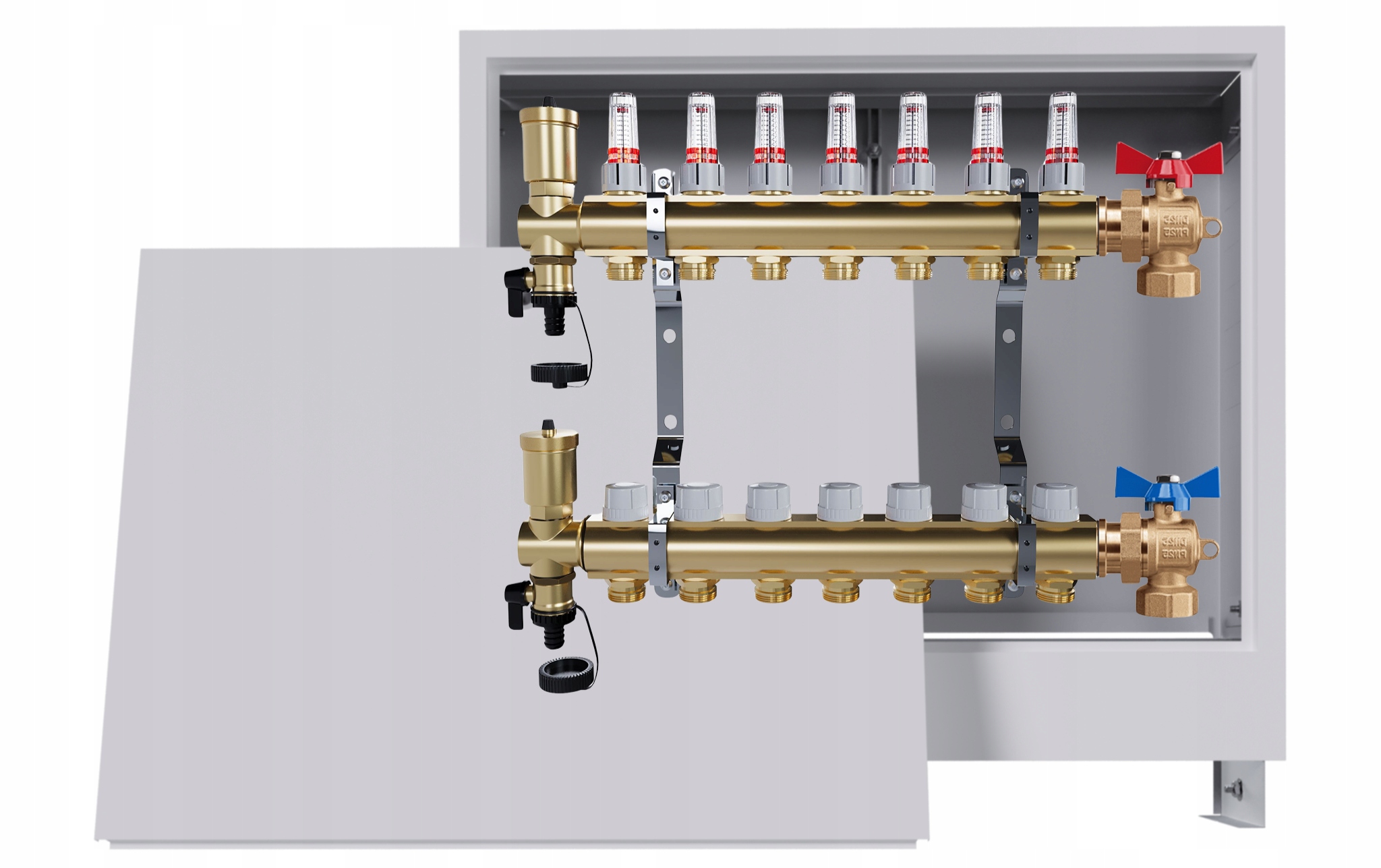 Rozdělovač podlah Mosazný 8 okruhů Podomítková skříň 2 ventily