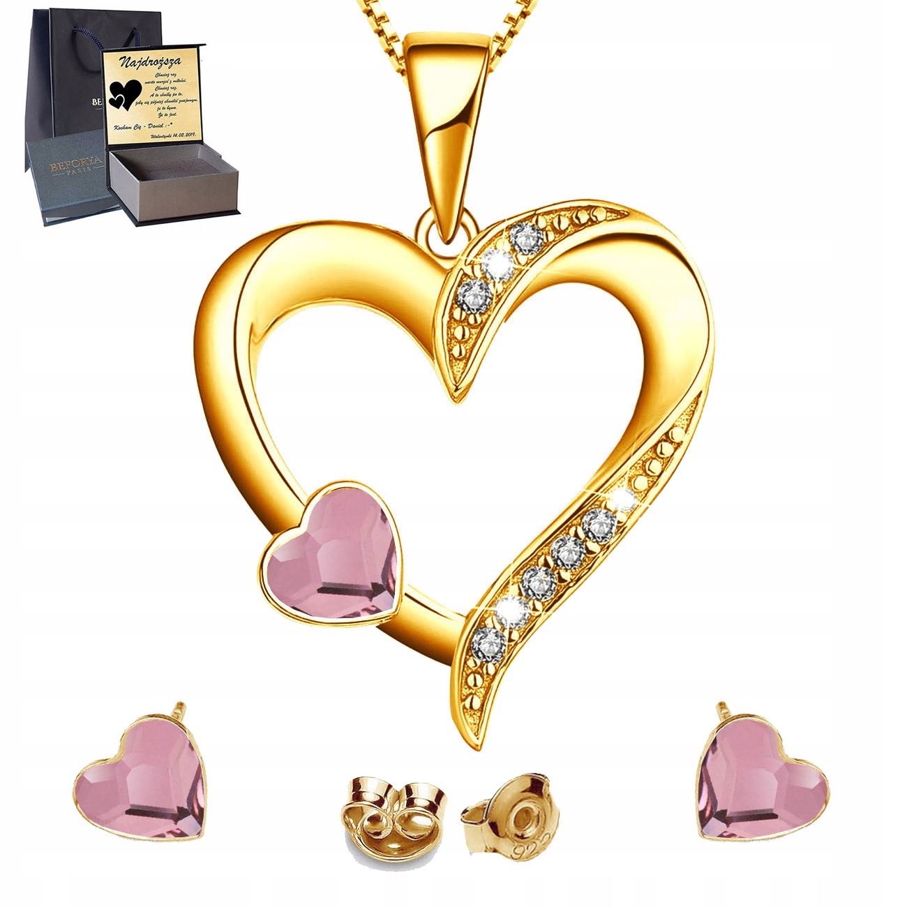 Zlatý komplet šperků Stříbro 925 Pozlacený Sada srdce pro manželku Gravírování