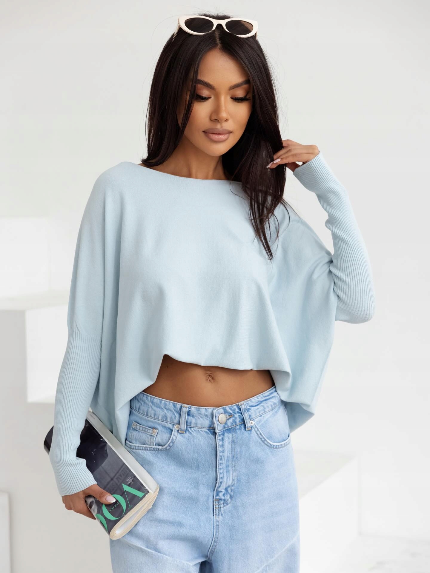 By O La La...! Svetr Netopýr V-neck Naomi Blue Mint Univerzální