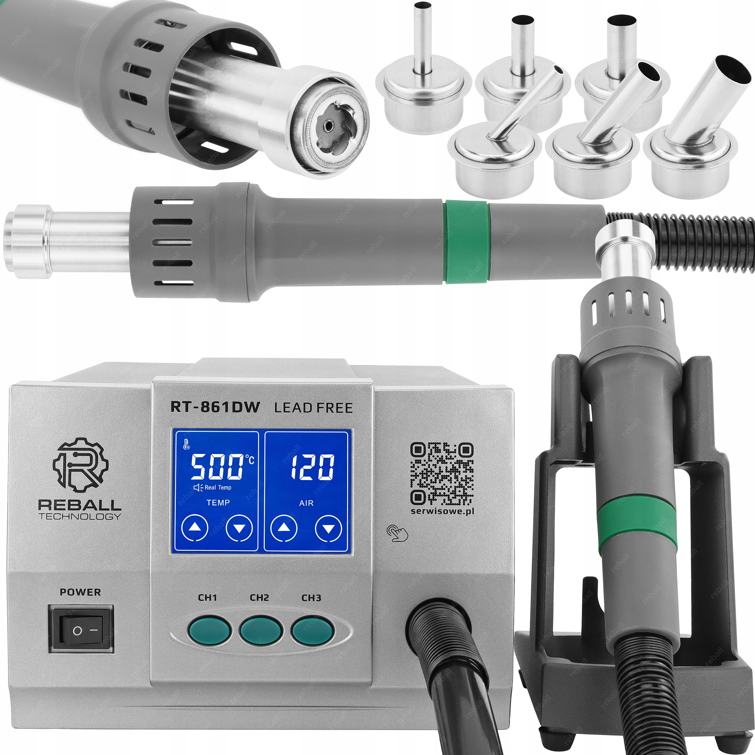 Stacja Lutownicza Hot Air Spawarka Plastiku Reball RT-861DW 1300W 6 Dysz