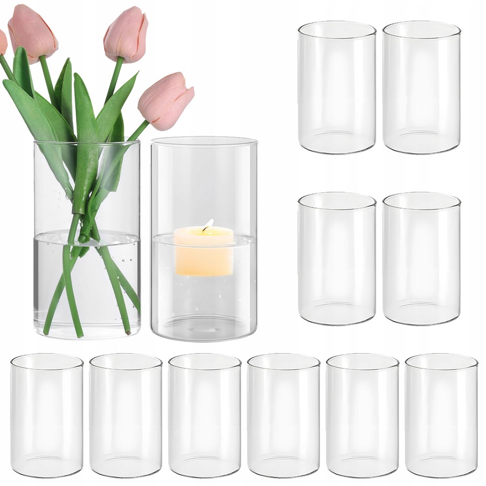 12 Skleněná Váza Cylinder Svícen Tuba Lampion 15 CM Dekorace Svatba Svatební Hostina