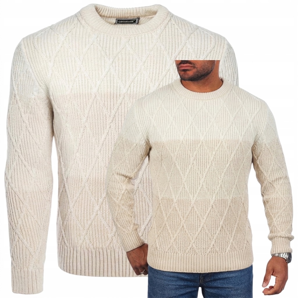 Pánský svetr Elegantní Tlustý Teplý Romby Ombre Béžový Dárek Casual XL