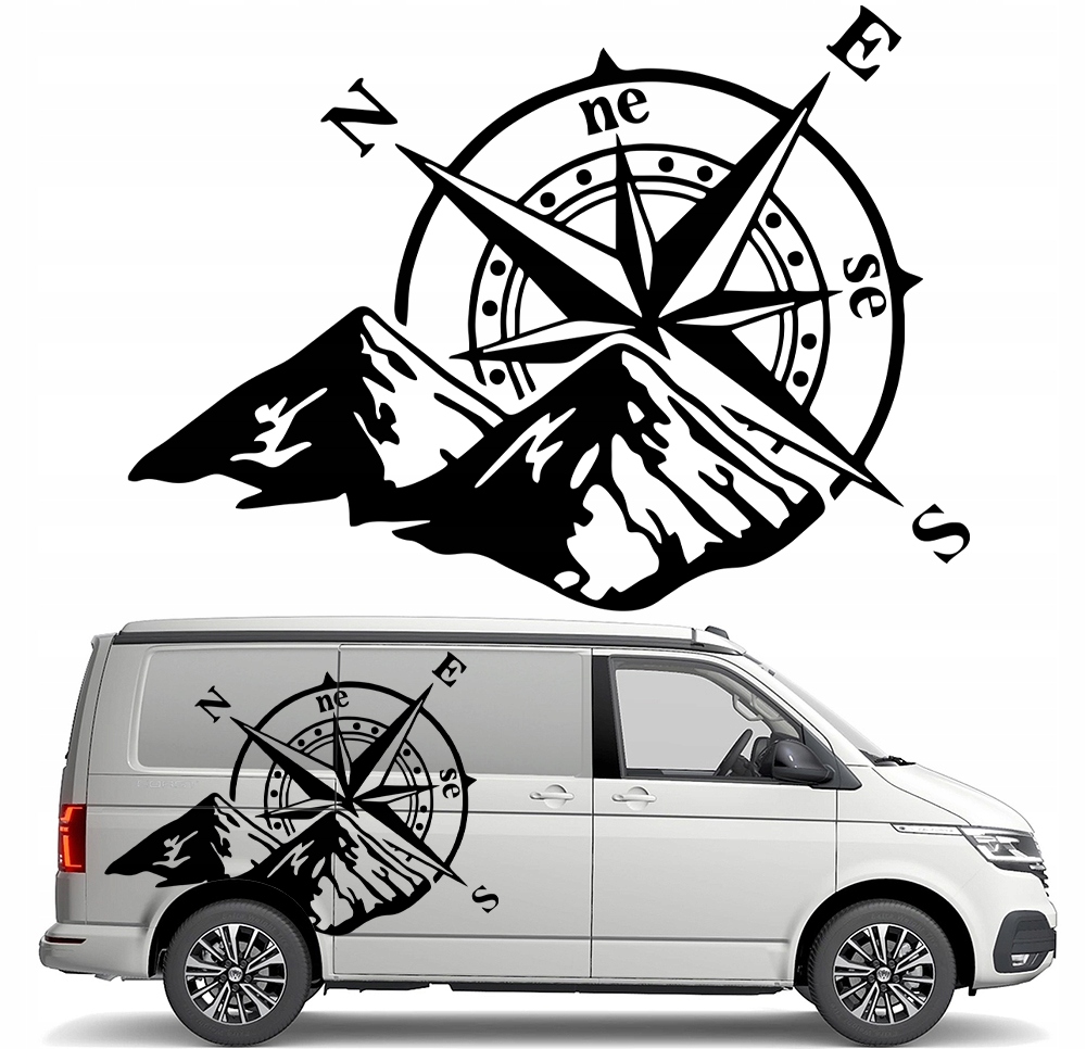 Samolepka Grafika na auto karavan přívěs Růže Větrů Kompas Hory 90x125