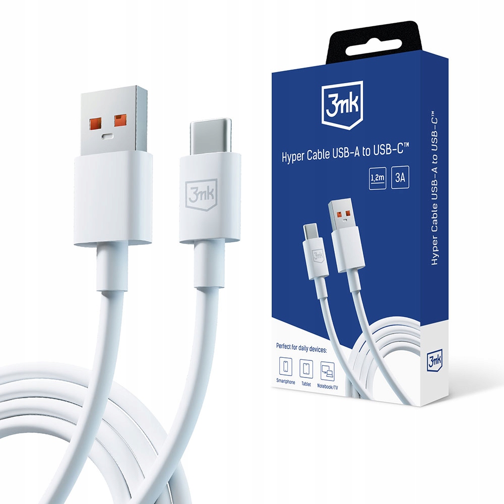 Biały Kabel Przejściówka USB -A do USB-C 60W 3A 1.2m - 3mk Hyper Cable