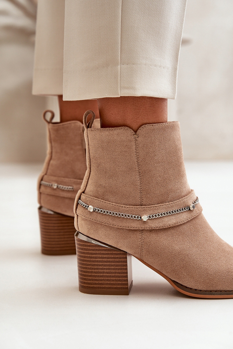 BOTKI DAMSKIE Z ŁAŃCUSZKIEM OBCAS SŁUPEK EKO ZAMSZOWE OCIEPLANE BEŻOWE 38 Marka Seastar