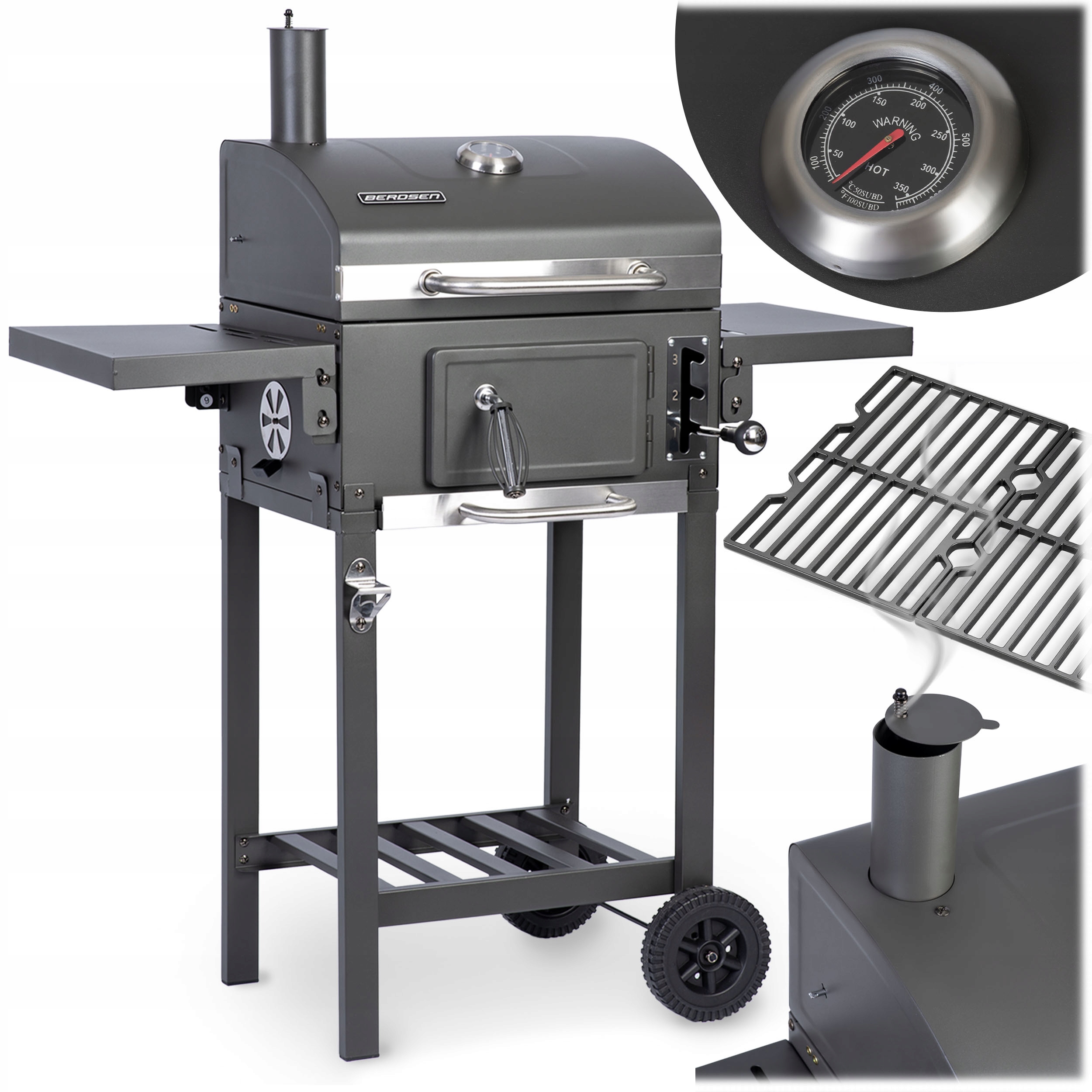 Grill Węglowy Ogrodowy Komin Żeliwny Ruszt Z Pokrywą Popielnik Termometr