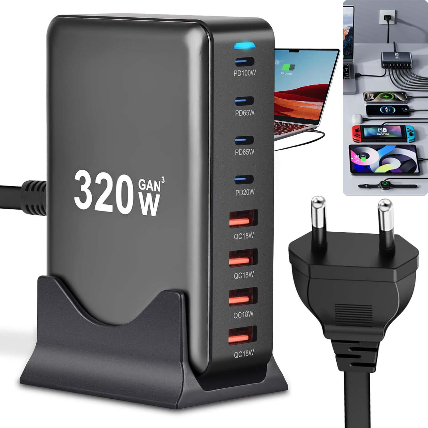 Rychlá Nabíječka 8V1 GAN3 320W Pd 4X Type-c Pd 4X Usb-a Qc Pro Notebook Stůl