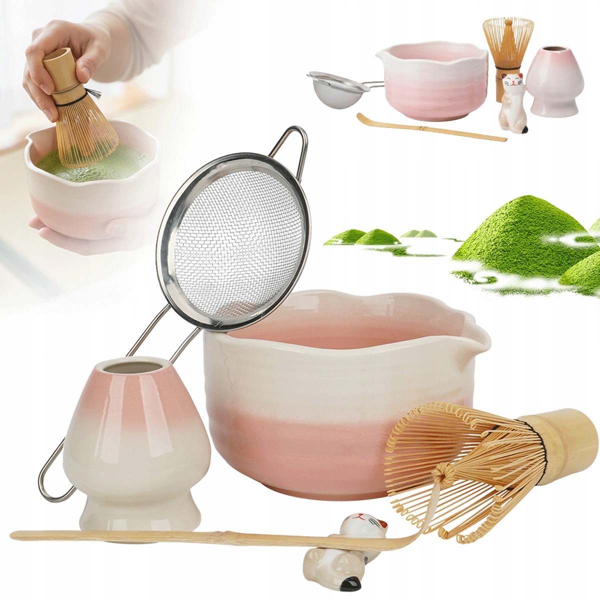 Keramický Komplet Na Matcha Růžový S Bambusovými Doplňky