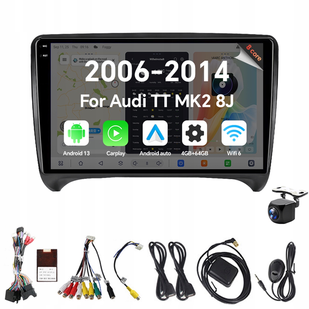 2Din Android 13 autorádio pre Audi Tt MK2 8J 2006-2014 4G 64G Carplay Gps