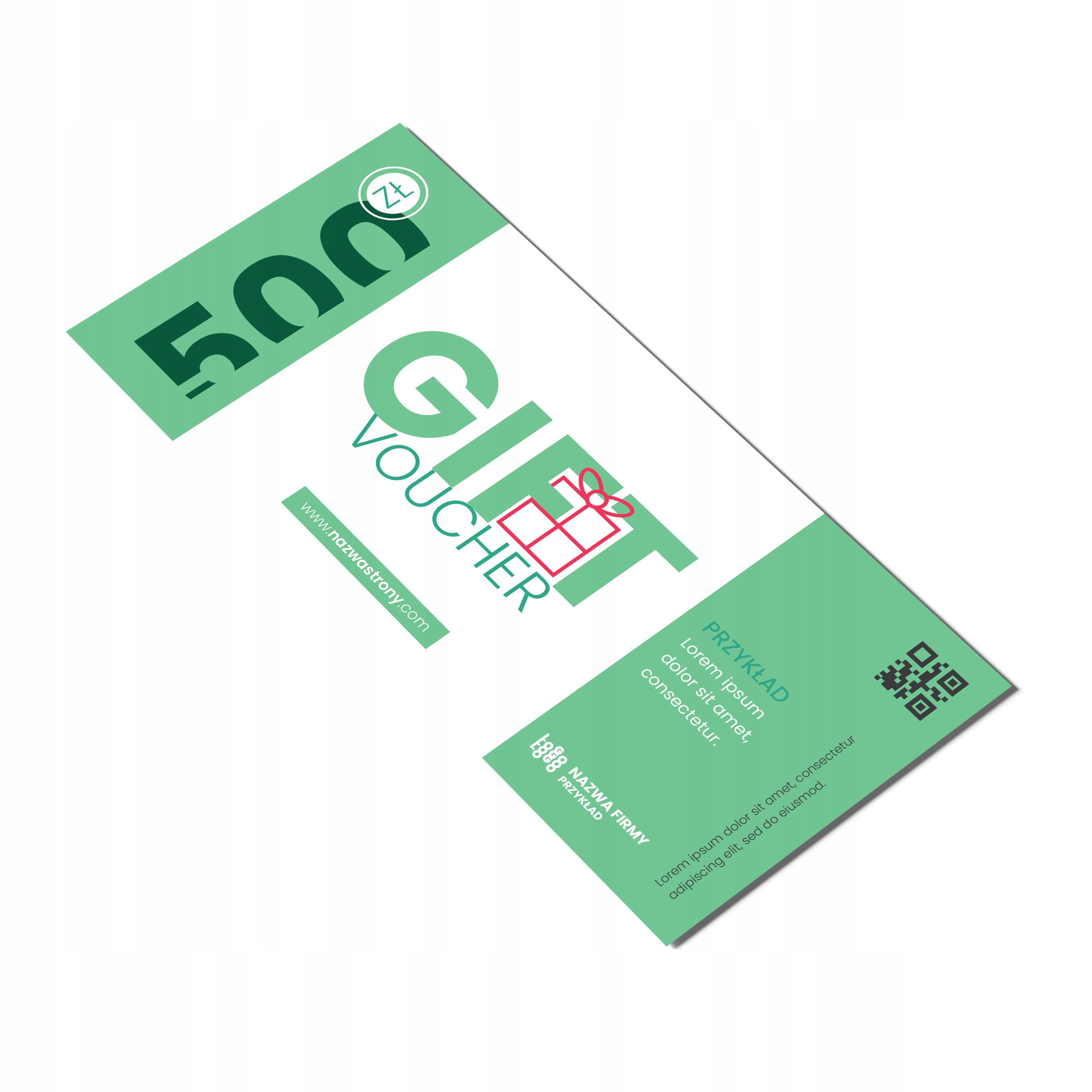 Vouchery upominkowe zielone kod QR 99x210 350g DARMOWY PROJEKT 250 sztuk Format papieru format DL