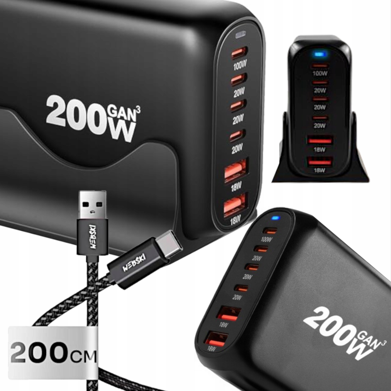 Síťová Nabíječka Rychlonabíjecí Stanice 200W GaN Qc 6xUSB