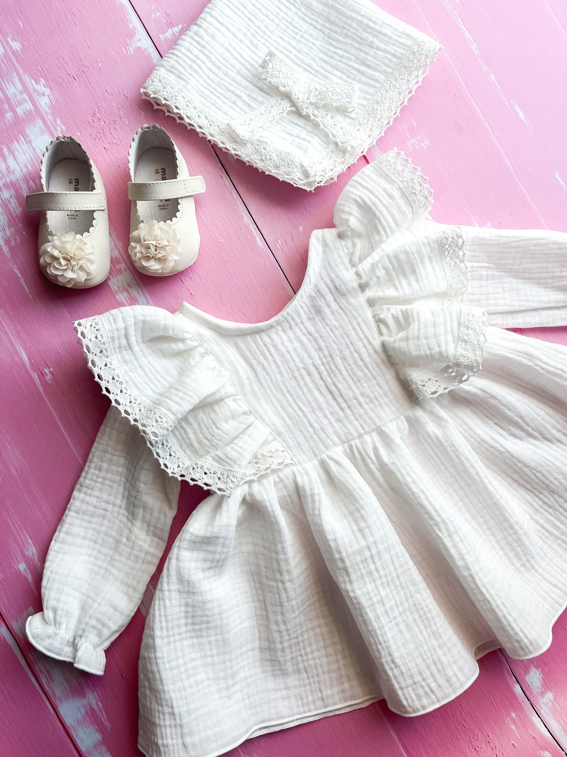 Sukienka do Chrztu Sukienka na Chrzest Boho Sukienka Muślinowa 68