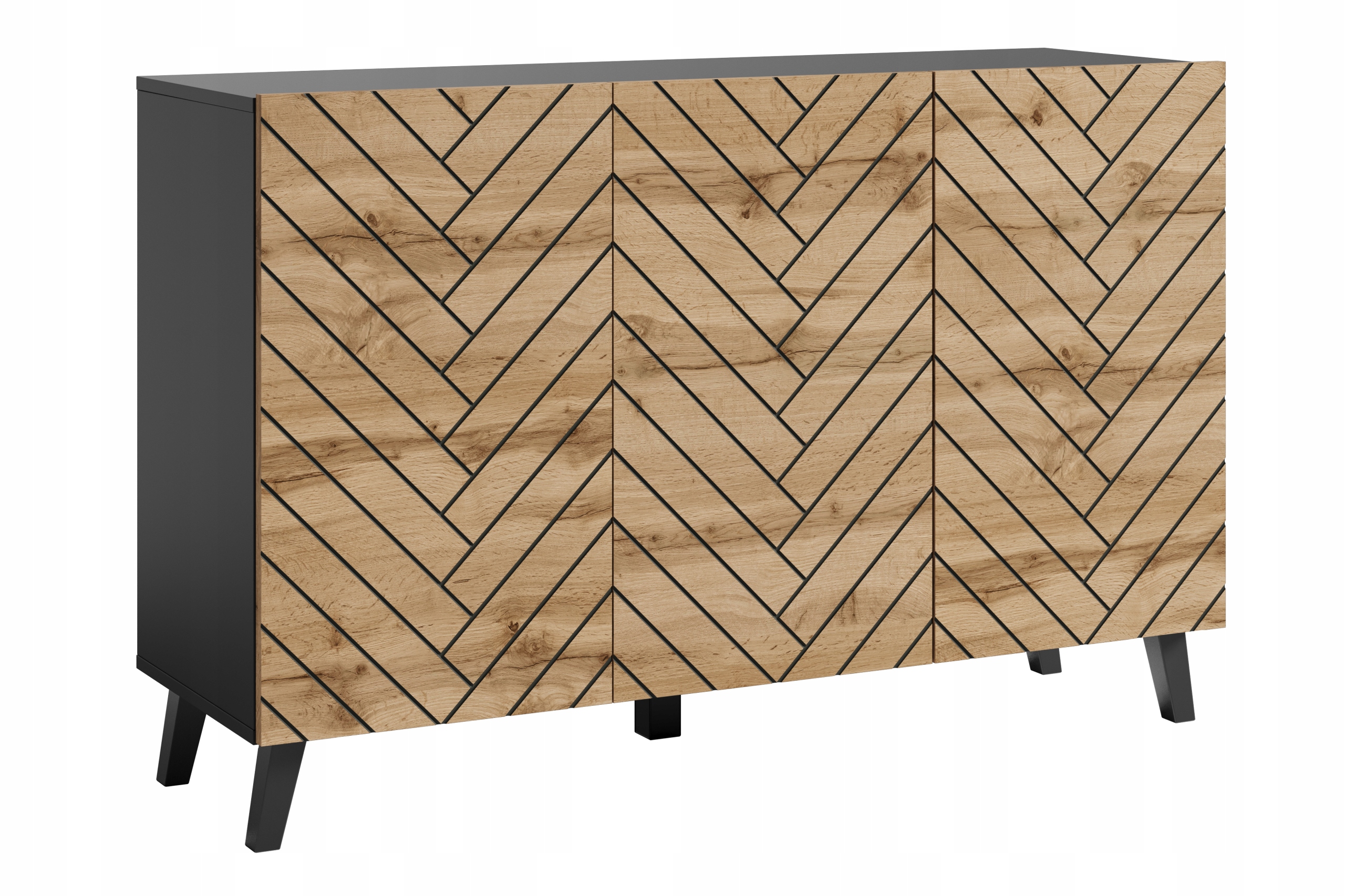 Komoda 120 cm do obývacího pokoje na nožkách, černý grafit, přední strana Mdf wotan jedle