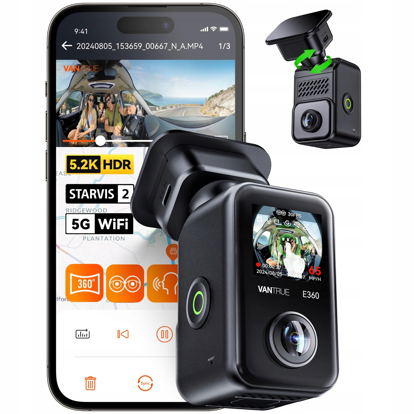VANTRUE E360 Kamera Samochodowa 5.2K 360° HDR GPS WiFi Parkowanie