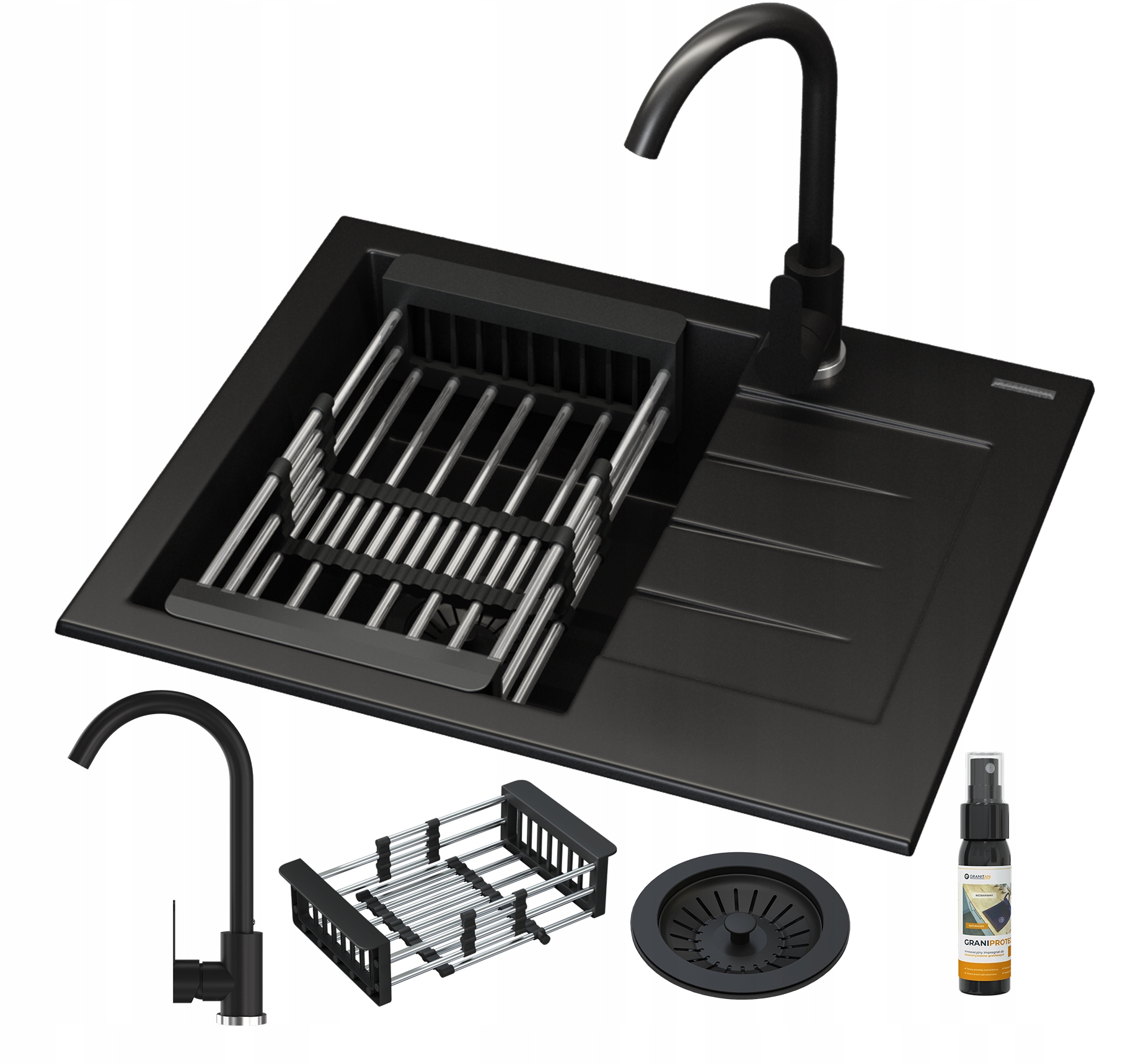 

Zlew Czarny Granitowy Zestaw Kran Ociekarka Milano