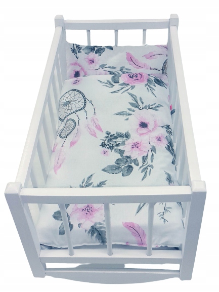 KOŁYSKA DLA LALEK BIAŁA DREWNIANA + POŚCIEL 3el