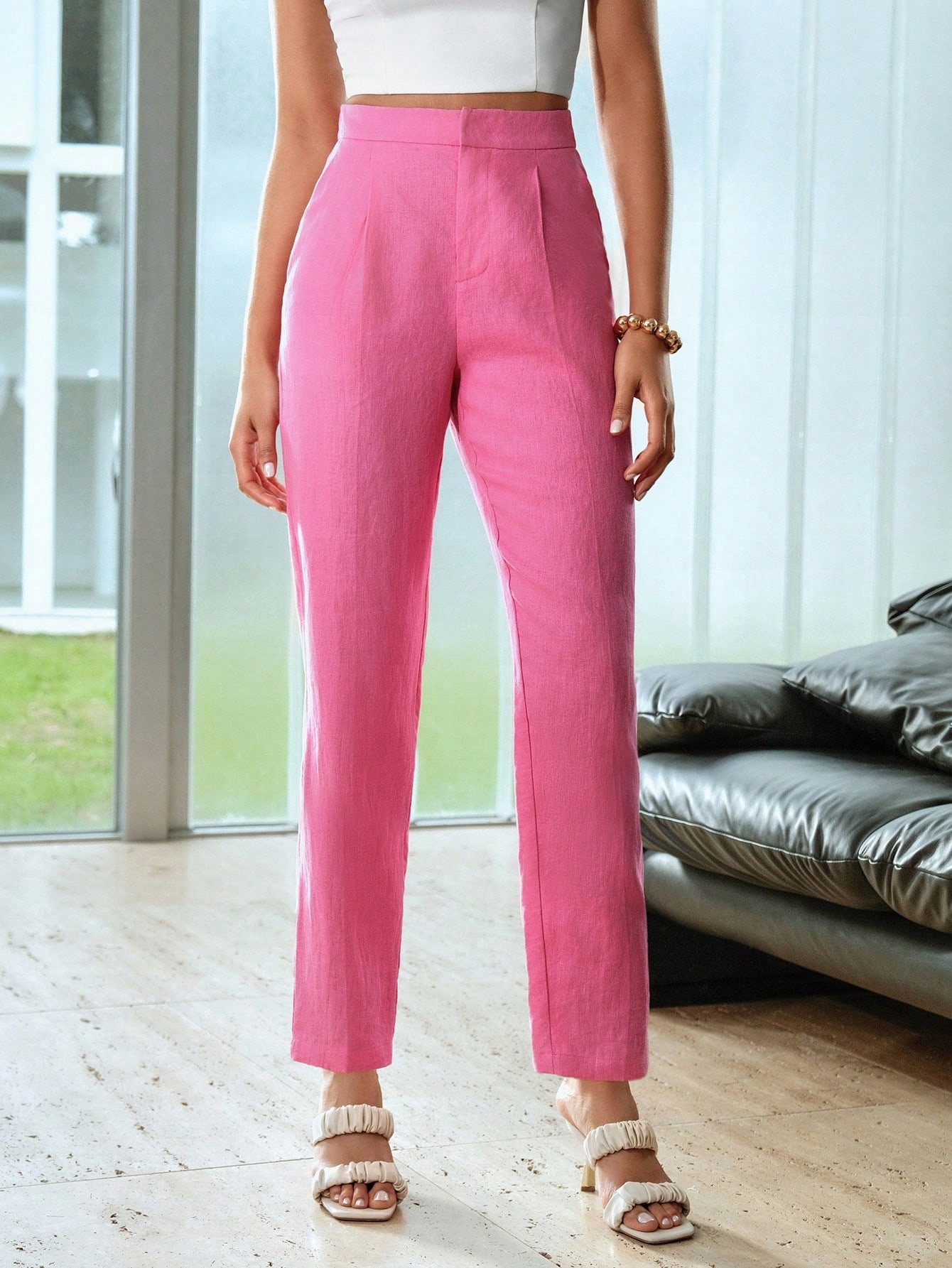 Lněné Kalhoty Elegantní Společenské Oblekové Elastický Pas Motf S 36