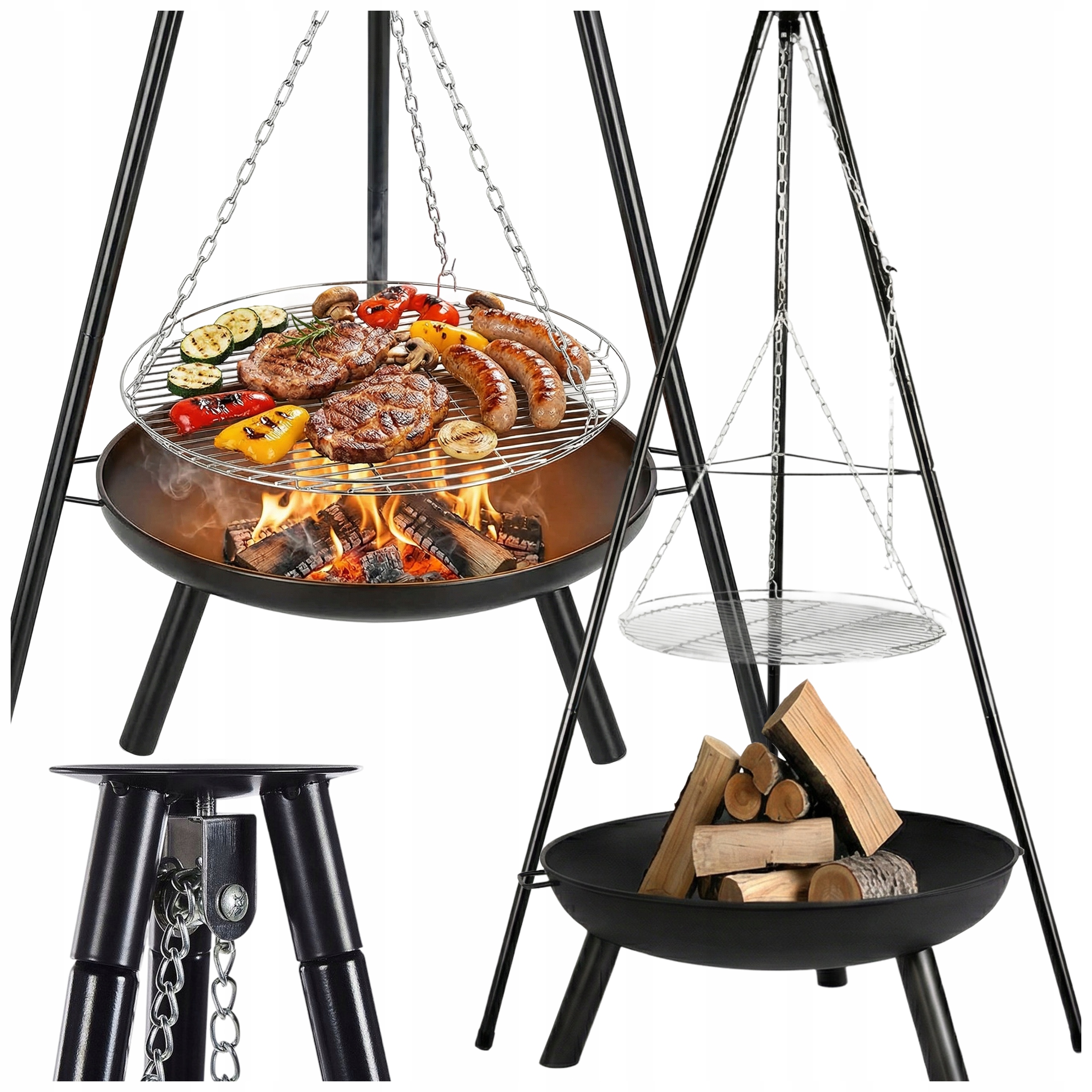PALENISKO TRÓJNÓG GRILL OGNISKOWY OGRODOWY WISZĄCY DUŻY RUSZT 48CM MISA 63