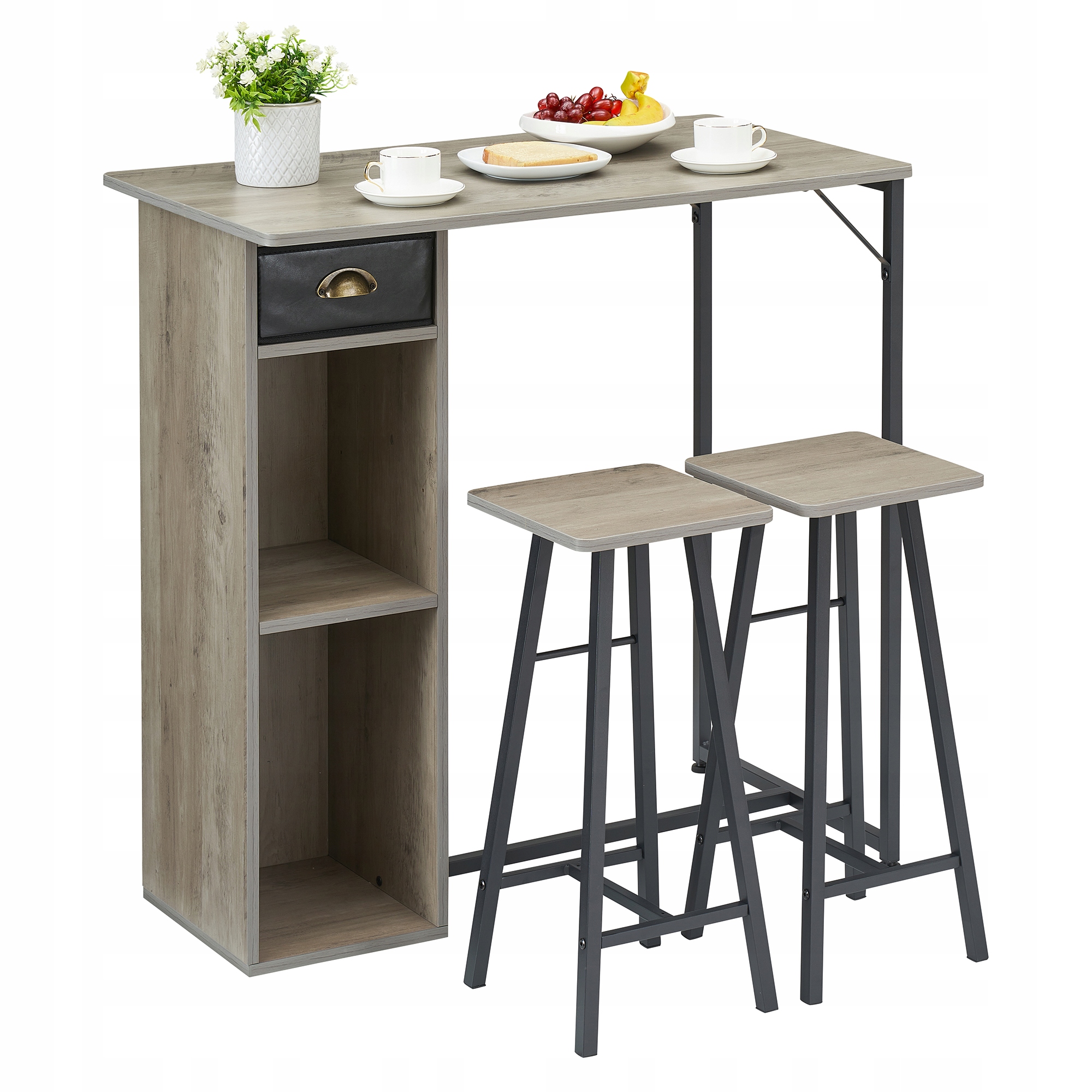 Sada 3 ks barového stolu a židlí, stůl se zásuvkou a policí, šedá
