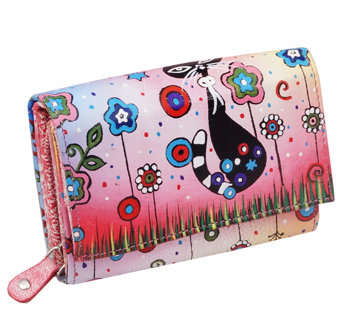 Kochmanski skórzany portfel damski mały ręcznie malowany w koty