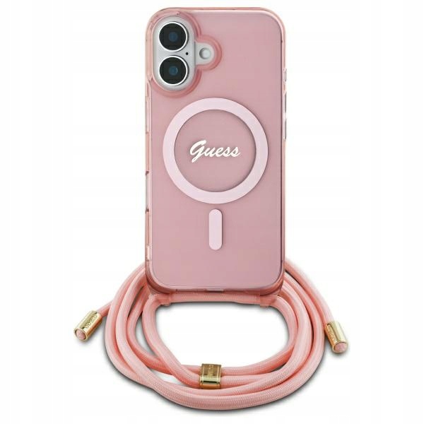 Pouzdro Guess pro iPhone 16 6.1" růžové Crossbody Cord Script MagSafe